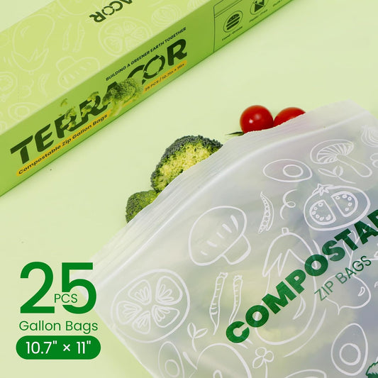 Compostable Gallon Size Food Storage Bags (25 Eco Zip) Freezer and Leak Proof, Also Available Quart, Snack and Sandwich Bags