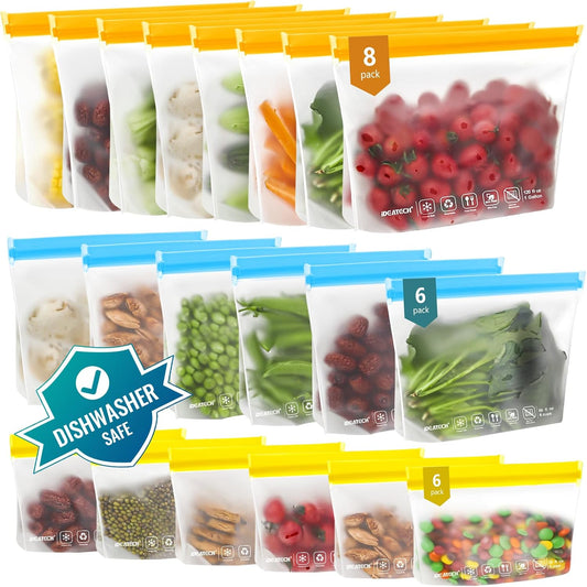 IDEATECH 20Pack Reusable Bags Dishwasher Safe, Leakproof Reusable Freezer Bags, BPA Free Healthy Food Storage Containers Sandwich Snack Baggies for Lunch Travel(8 Gallon 6 Quart 6 Snack,Colored)