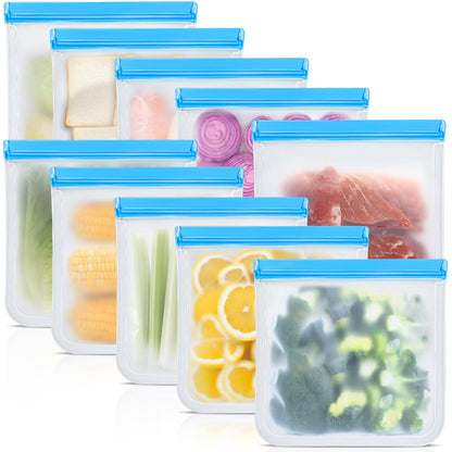 Reusable Silicone Food Storage Bags, 10 Pack 4 Size Leak proof Dishwasher Safe Reusable Freezer Bags for Food Storage Containers, Lunch Bag for Sandwich, Marinate Meat, Fruit