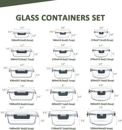 KOMUEE 30 Pieces Glass Food Storage Containers Set with Lids, Gray