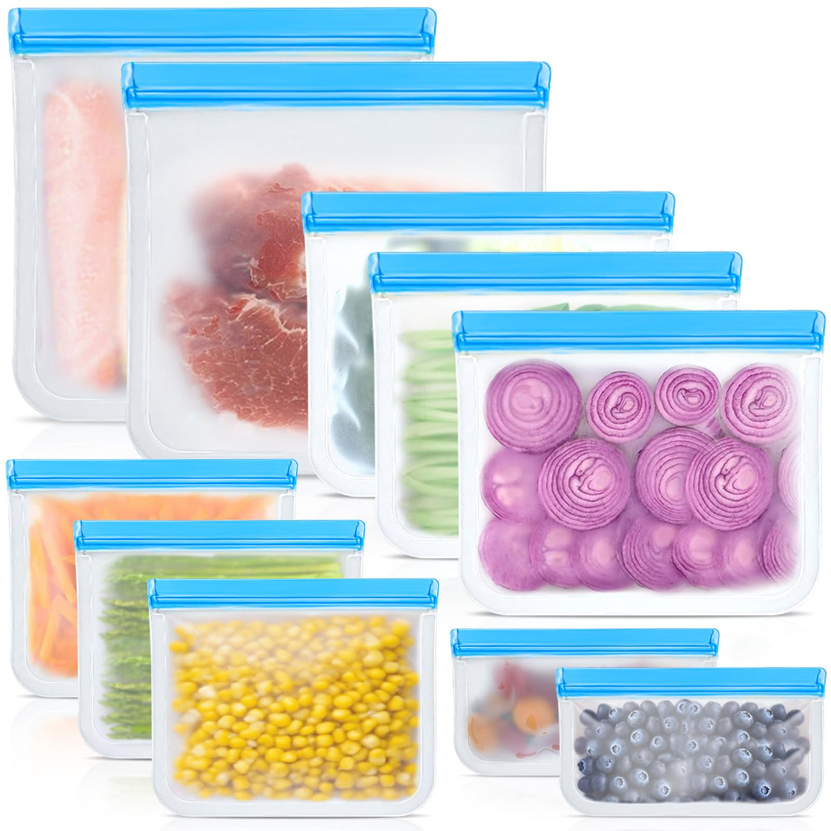 Reusable Silicone Food Storage Bags, 10 Pack 4 Size Leak proof Dishwasher Safe Reusable Freezer Bags for Food Storage Containers, Lunch Bag for Sandwich, Marinate Meat, Fruit