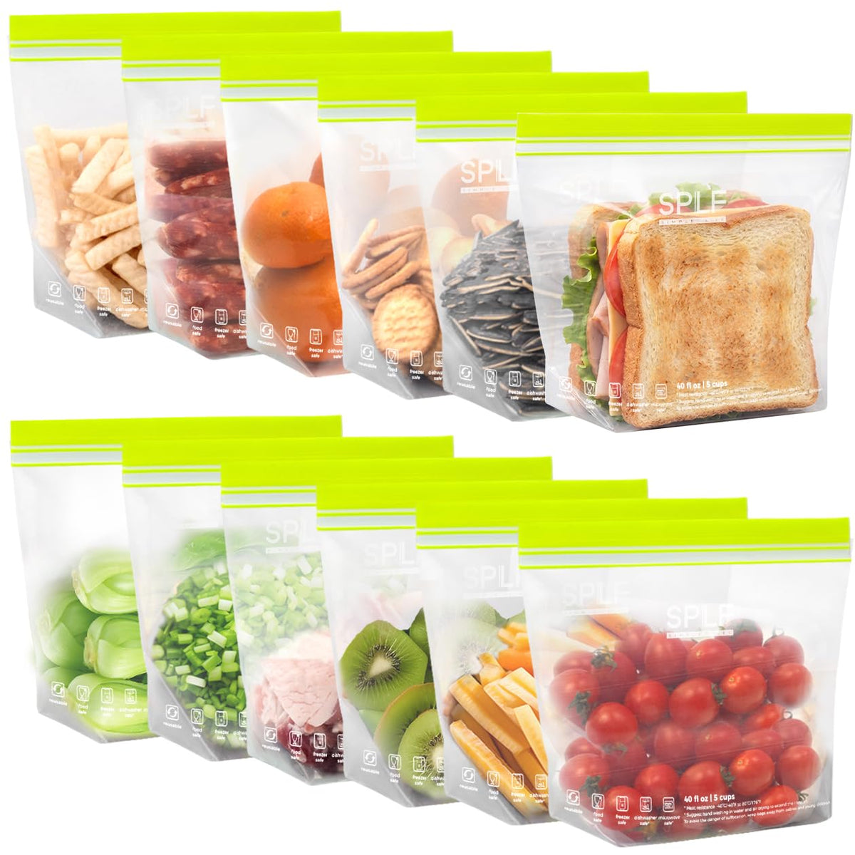 SPLF 24 Pack Reusable Food Storage Bags Dishwasher Microwave Safe