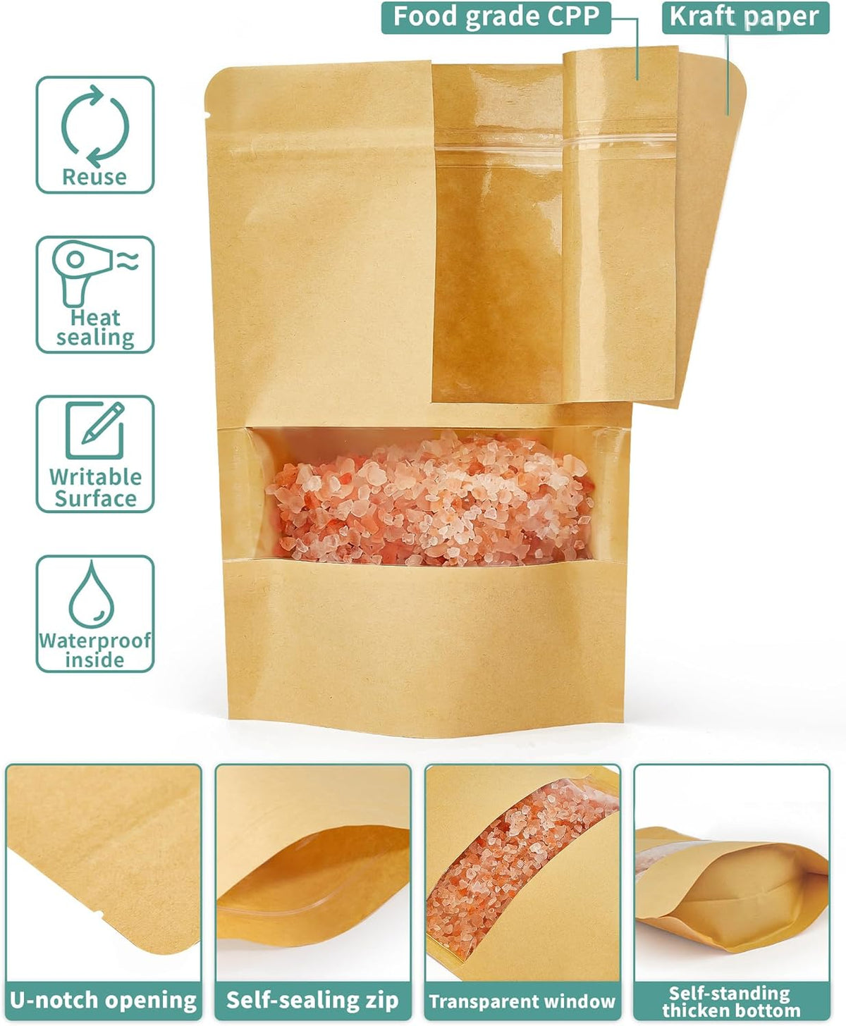FireKylin 100 Pcs Resealable Paper Bags, Clear Window, Brown, 3.5" x 5.5"