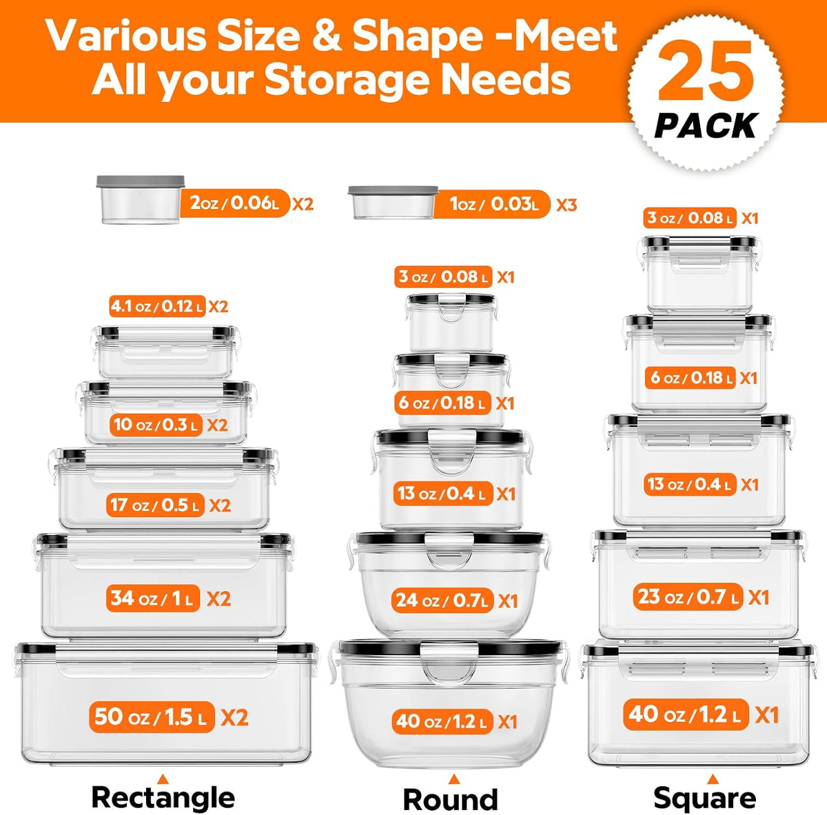50 PCS Food Storage Containers with Lids BPA-Free (25 Containers & 25 Lids)