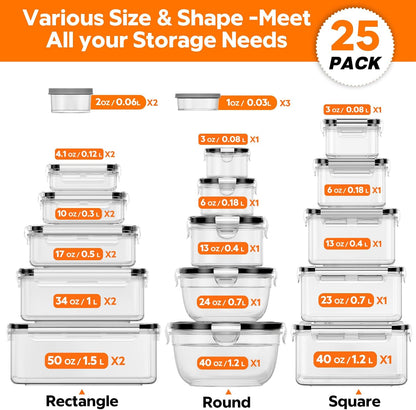 50 PCS Food Storage Containers with Lids BPA-Free (25 Containers & 25 Lids)