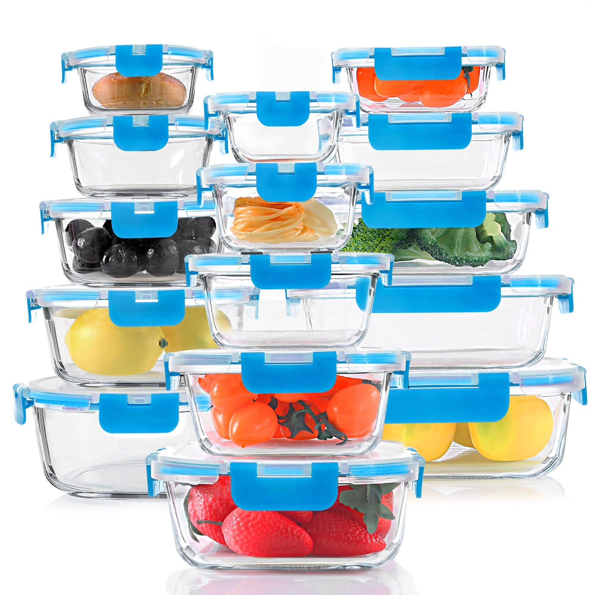 KOMUEE 30 Pieces Glass Food Storage Containers Set with Lids, Gray