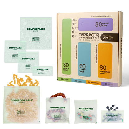 Compostable Gallon Size Food Storage Bags (25 Eco Zip) Freezer and Leak Proof, Also Available Quart, Snack and Sandwich Bags
