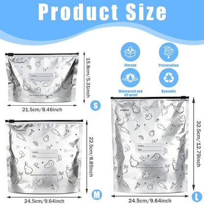 30 Pcs Reusable Aluminum Foil Sealable Storage Bags, 3 Sizes Reusable Freezer Bags, Thicken Stand Up Zipper Aluminum Foil Bags with Label for Food Meat Seafood Vegetables (S+M+L)
