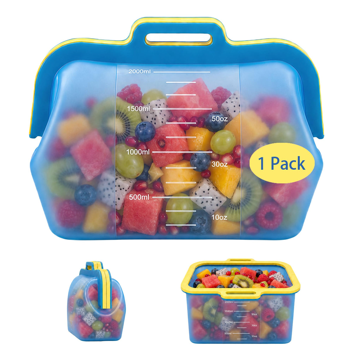 3 Pack Magnetic Seal Reusable Silicone Food Storage Bags, 68 fl oz, NUZEAK
