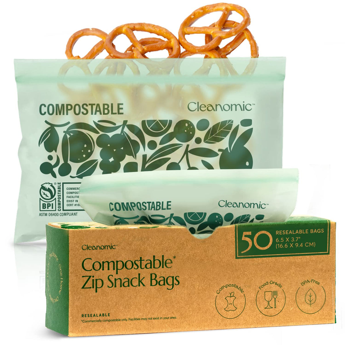 Cleanomic Compostable* Gallon Size Food Storage Bags (25 Eco Zip) Freezer and Leak Proof, Also Available Quart, Snack and Sandwich Bags