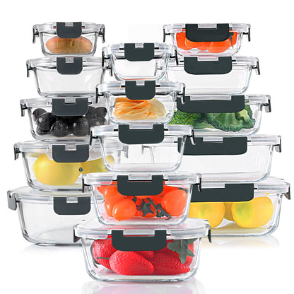 KOMUEE 30 Pieces Glass Food Storage Containers Set with Lids, Gray