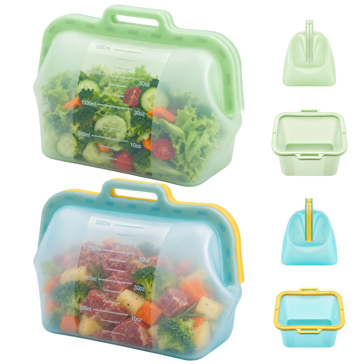 3 Pack Magnetic Seal Reusable Silicone Food Storage Bags, 68 fl oz, NUZEAK