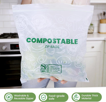 Compostable Gallon Size Food Storage Bags (25 Eco Zip) Freezer and Leak Proof, Also Available Quart, Snack and Sandwich Bags