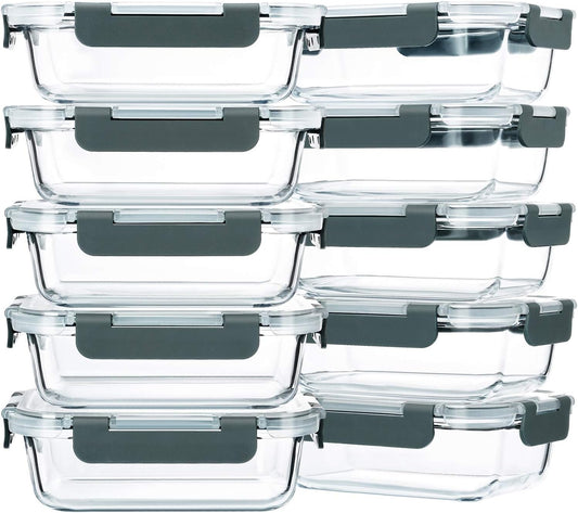 M MCIRCO 10 Pack,22 oz Glass Food Storage Containers with lids, Gray