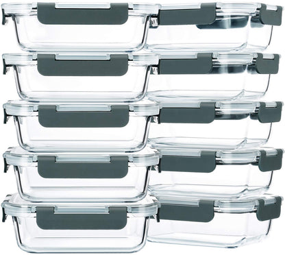 M MCIRCO 10 Pack,22 oz Glass Food Storage Containers with lids, Gray