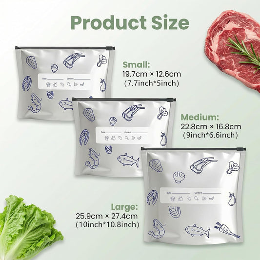 Reusable Aluminum Foil Sealable Storage Bags 30 Pcs, Thicken Stand Up Zip Lock Bags with Label for Food Vegetable Fruit Meat (10S+10M+10L)
