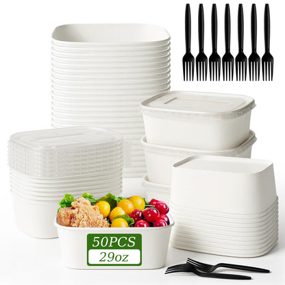 50 Disposable Meal Prep Containers 29oz Kraft Paper Bowls with Lids & Forks