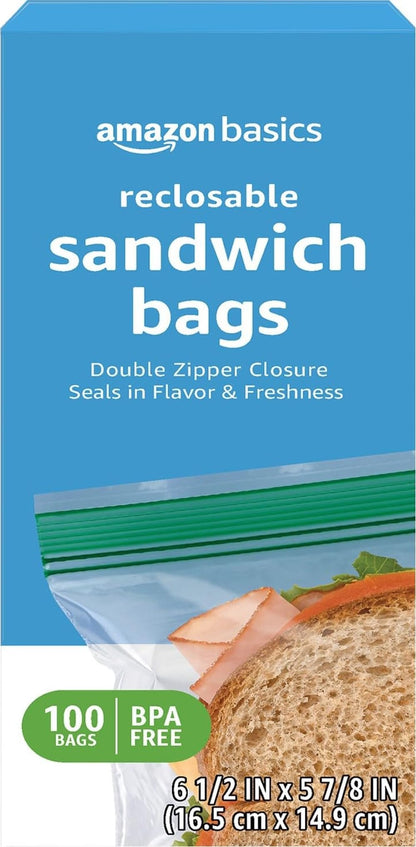 Amazon Basics Resealable Double Zipper Sandwich Storage Bags for Food Storage, 300 Count (Previously Solimo)
