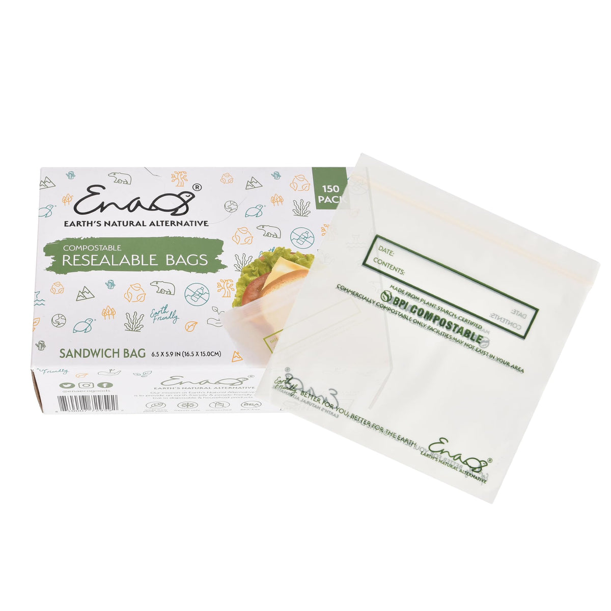 100% Compostable Food Storage Bags [Quart 100 Pack] Eco-Friendly Freezer Bags, Resealable Bags, Heavy-Duty, Reusable, Off-White by Earth's Natural Alternative