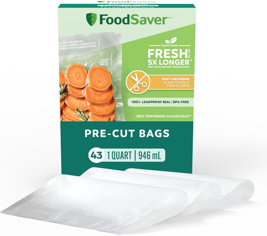 FoodSaver Quart Pre-Cut Vacuum Seal Bags, Easy Use Vacuum Storage Bags, Align to Seal and Tear to Open Vacuum Sealer Storage Bags, 43 Pack