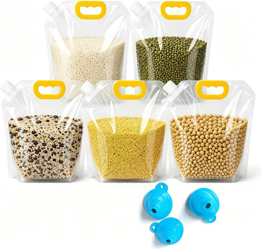 5PCS Airtight Grain Storage Bags with Handle, Reusable Rice Food Sealed Container, Moisture-Proof Dry Goods Sealing Stand-Up Leak Proof Prevent Liquid Spillage