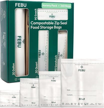 FEBU Compostable Food Storage Bags Variety Pack, 260 Count
