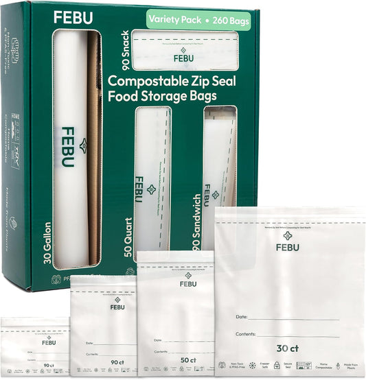 FEBU Compostable Food Storage Bags Variety Pack, 260 Count