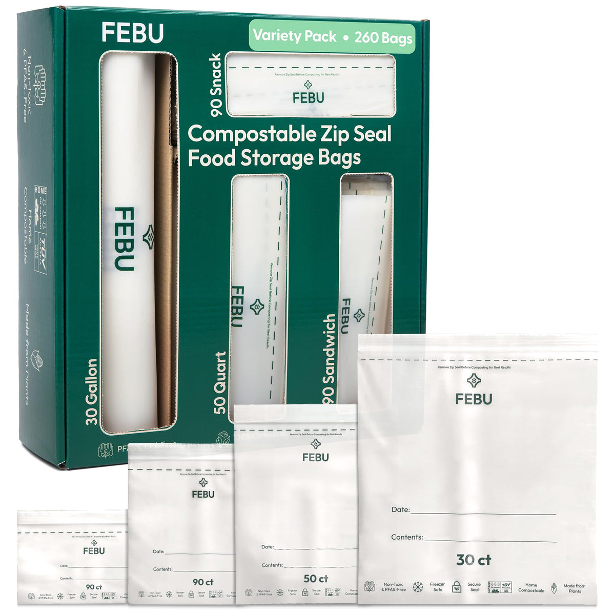 FEBU Compostable Food Storage Bags Variety Pack, 260 Count