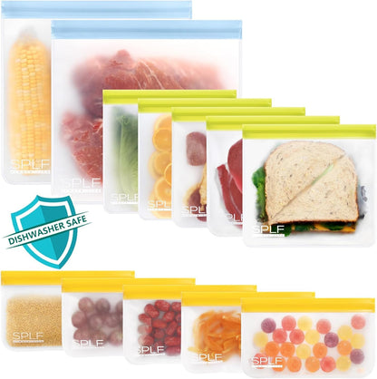SPLF 12 Pack Dishwasher Safe Reusable Freezer Bags, Multicolor