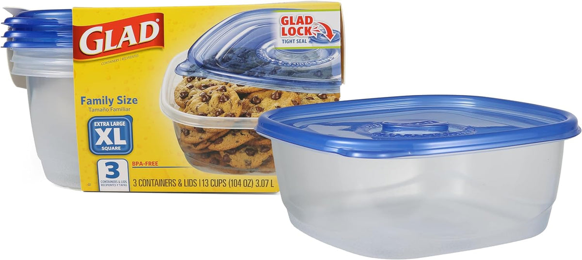 Glad GladWare XL Square Food Storage Containers, 104 Oz, 3 Count