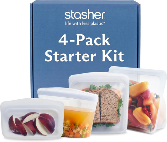 Stasher Premium Reusable Silicone Storage Bags, 4-Pack Starter Kit, Clear