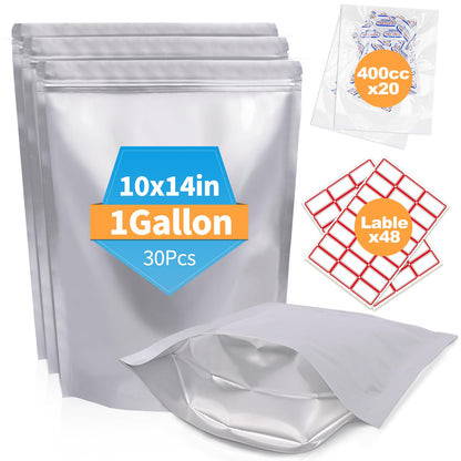 30PCS 2Gallon 17"X13" Mylar Bags for Food Storage with Oxygen Absorbers&Lables,10 Mil Thick Resealable Stand-Up Zipper&Heat Sealable Bags for Long Term Food Storage,Dried Food