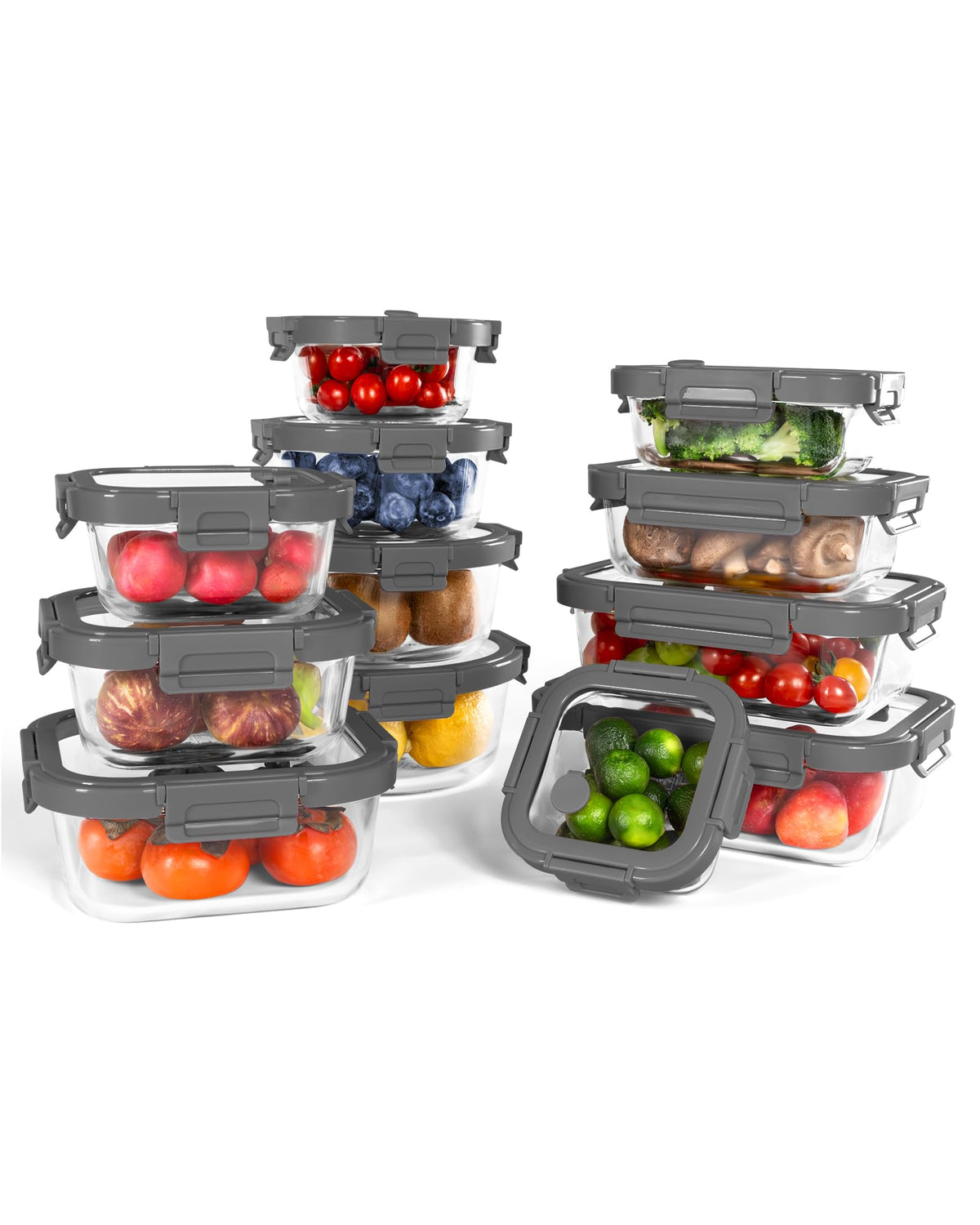10-Pack Glass Food Storage Containers with Tempered Glass Lids – Borosilicate, Airtight, Oven-Safe (-4°F~950°F), BPA-Free, 4.4 & 1.6 Cup, Leak-Proof, Dishwasher Safe (Gray)