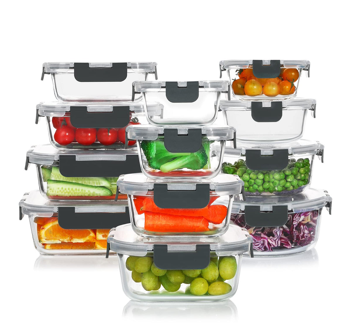 KOMUEE 30 Pieces Glass Food Storage Containers Set with Lids, Gray