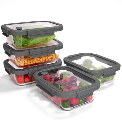 10-Pack Glass Food Storage Containers with Tempered Glass Lids – Borosilicate, Airtight, Oven-Safe (-4°F~950°F), BPA-Free, 4.4 & 1.6 Cup, Leak-Proof, Dishwasher Safe (Gray)