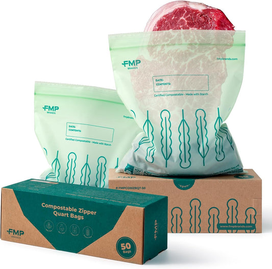 Fit Meal Prep 50 Pack 100% Compostable Food Storage Bags, 7 x 8" Resealable Freezer Bags Quart Size for Meat, Fruits, Plant-Based Sandwich Bag, ASTM D6400, US BPI & EU OK Compost Certified