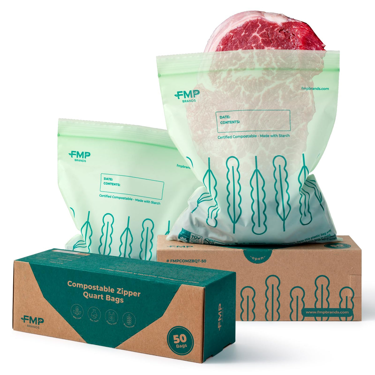 Fit Meal Prep 50 Pack 100% Compostable Food Storage Bags, 7 x 8" Resealable Freezer Bags Quart Size for Meat, Fruits, Plant-Based Sandwich Bag, ASTM D6400, US BPI & EU OK Compost Certified