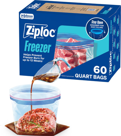 Ziploc Quart Food Storage Freezer Bags, Stand-Up Bottom, Easy to Fill, 24 Count