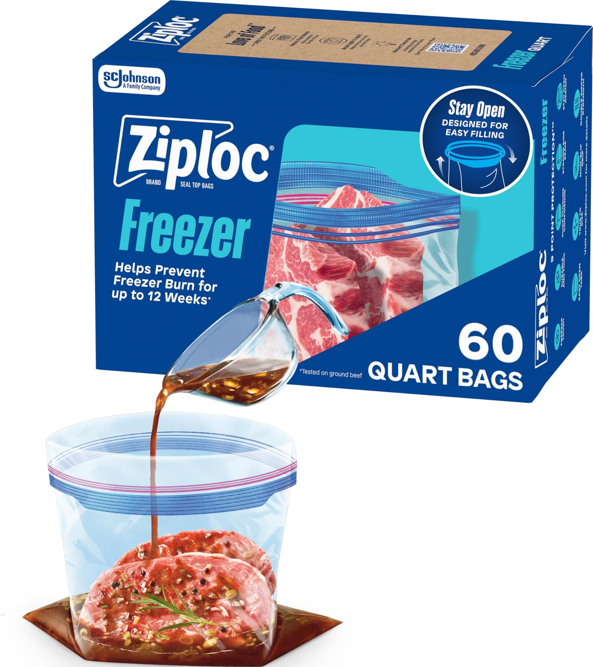 Ziploc Quart Freezer Bags, Food Storage, Stand-Up Bottom, 60 Count