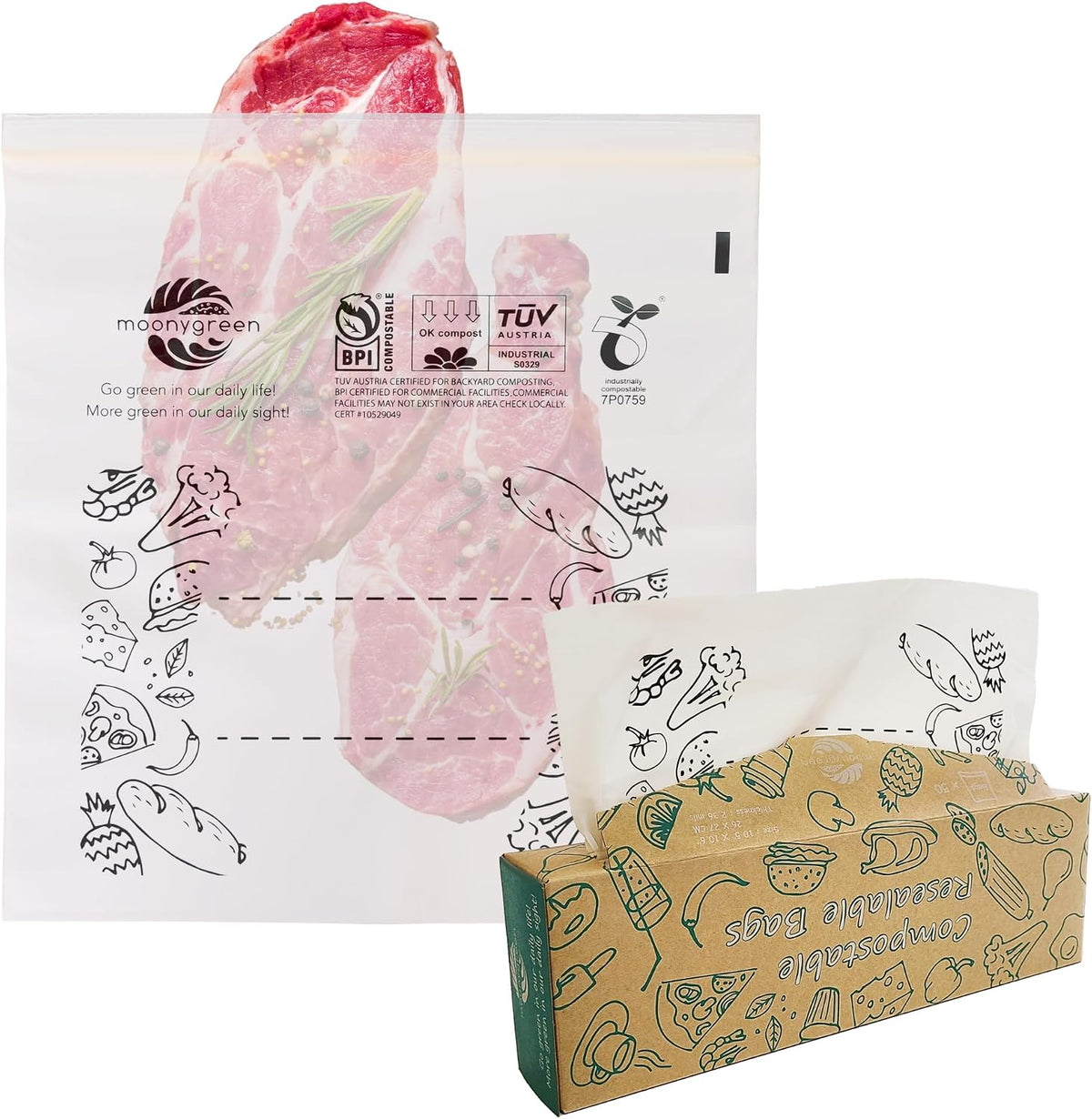 Compostable Food Storage Bags, Large Gallon Resealable Freezer Bags, 50 Count, 10.5 x 10.6 inches, PFAS & BPA FREE, Certified US BPI ASTM D6400 Europe OK Compost