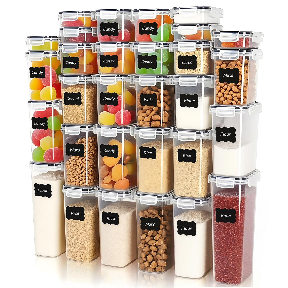 24 PCS Airtight Food Storage Containers with Lids, Plastic Kitchen and Organization Canisters for Cereal, Dry Food, Flour and Sugar, BPA-Free, PVC-Free, Includes 24 Black Labels & Marker