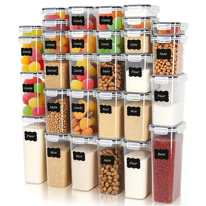 24 PCS Airtight Food Storage Containers with Lids, Plastic Kitchen and Organization Canisters for Cereal, Dry Food, Flour and Sugar, BPA-Free, PVC-Free, Includes 24 Black Labels & Marker