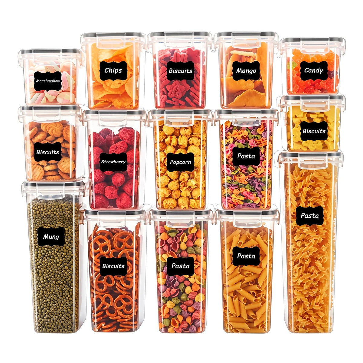 24 PCS Airtight Food Storage Containers with Lids, Plastic Kitchen and Organization Canisters for Cereal, Dry Food, Flour and Sugar, BPA-Free, PVC-Free, Includes 24 Black Labels & Marker