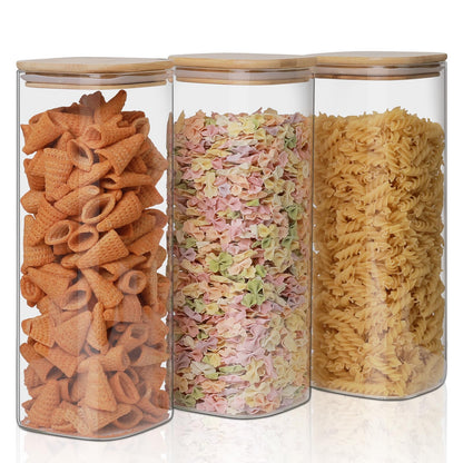 Liuruiyu 6 Pack Glass Food Storage Jars 37 oz,Glass Storage Containers Clear Glass Food Canister with Bamboo Lid Airtight For Serving Tea, Coffee, Flour, Sugar, Candy, Cookie, Spice and More (Square)