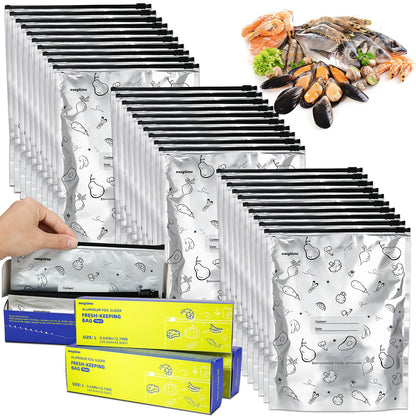30 Pcs Reusable Aluminum Foil Sealable Storage Bags, 3 Sizes Reusable Freezer Bags, Thicken Stand Up Zipper Aluminum Foil Bags with Label for Food Meat Seafood Vegetables (S+M+L)