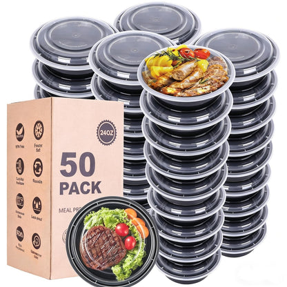 Meal Prep Containers, 50 Pack Extra-thick Food Storage Containers with Lids, Disposable & Reusable Plastic Bento Lunch Box, BPA Free, Stackable, Microwave/Dishwasher/Freezer Safe (24 oz)