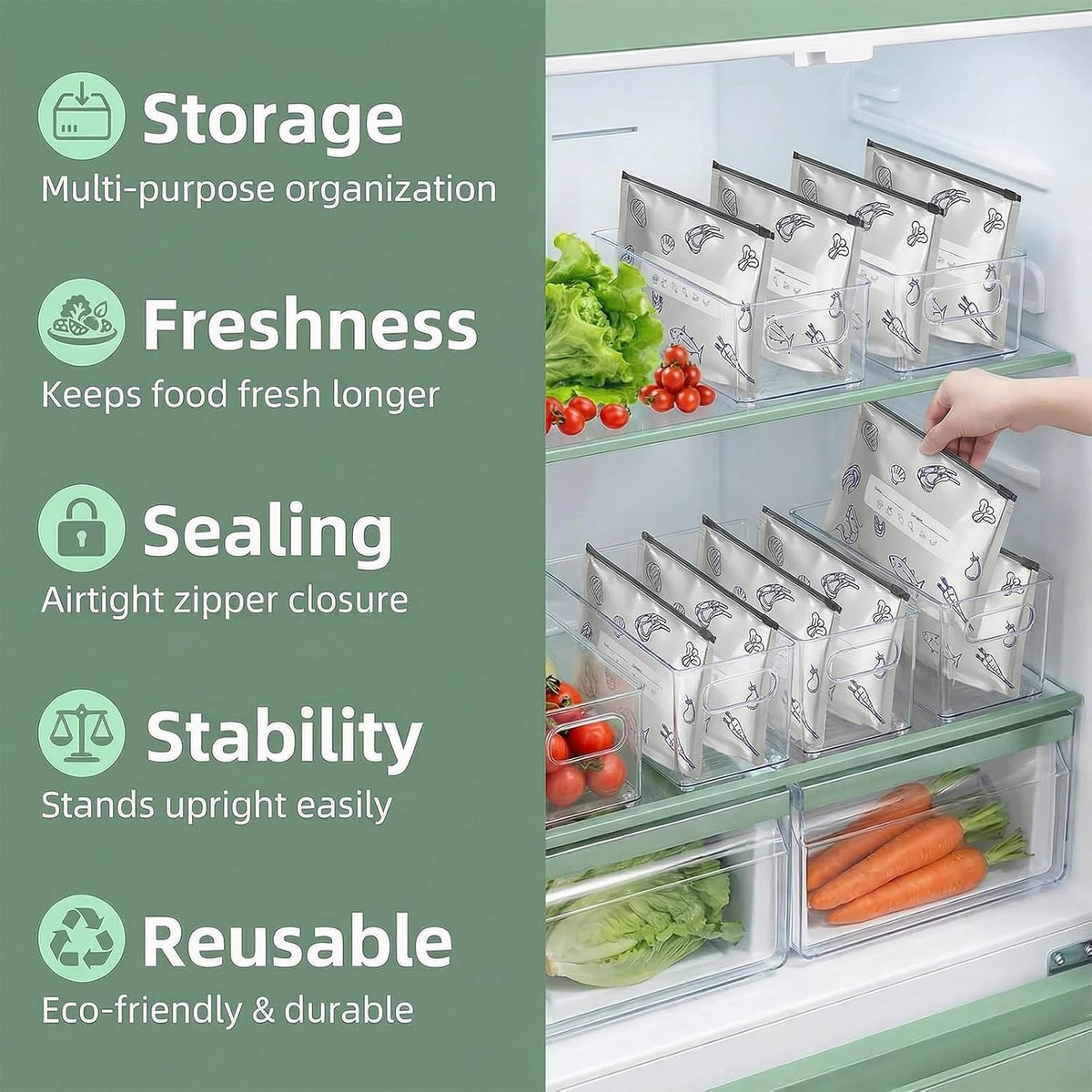 Reusable Aluminum Foil Sealable Storage Bags 30 Pcs, Thicken Stand Up Zip Lock Bags with Label for Food Vegetable Fruit Meat (10S+10M+10L)
