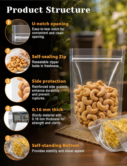FireKylin 100Pcs Resealable Stand Up Bags, Clear 3.9"x5.9" Food Pouches