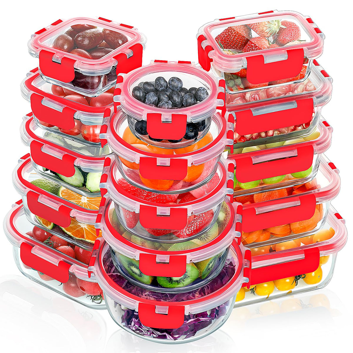 VERONES 30 Pieces Glass Food Storage Containers Set with Lids, Grey
