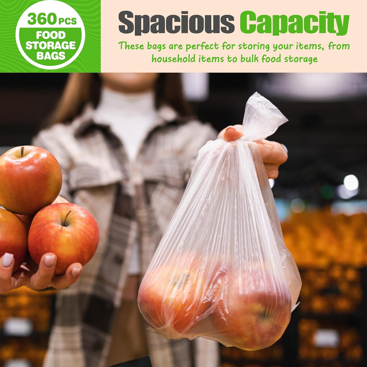 Teivio 360 Count 12" x 16" Plastic Produce Bags on A Roll, Clear Kitchen Disposable Plastic Food Storage Bags for Bread Fruit Vegetable and Meat